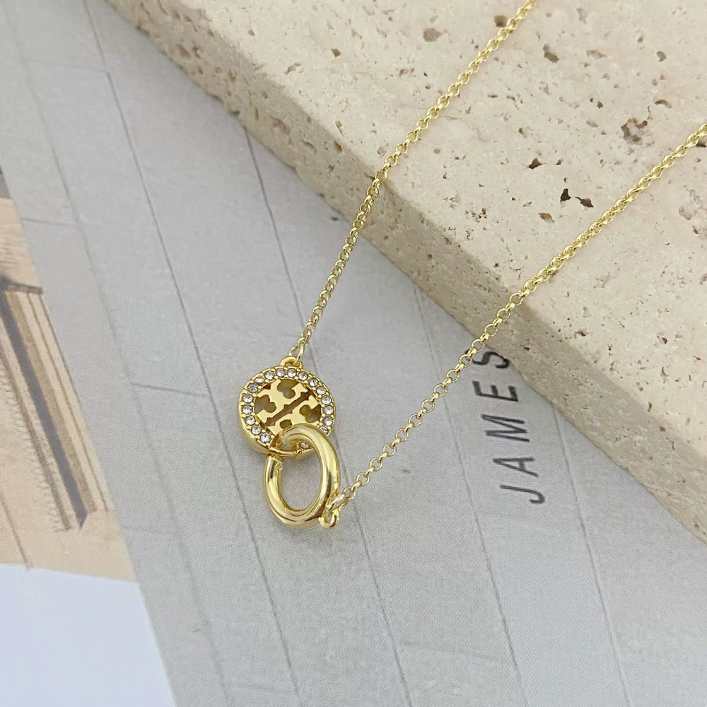 Tory Burch Gold Round Full Diamond Pave Interlocking Necklace